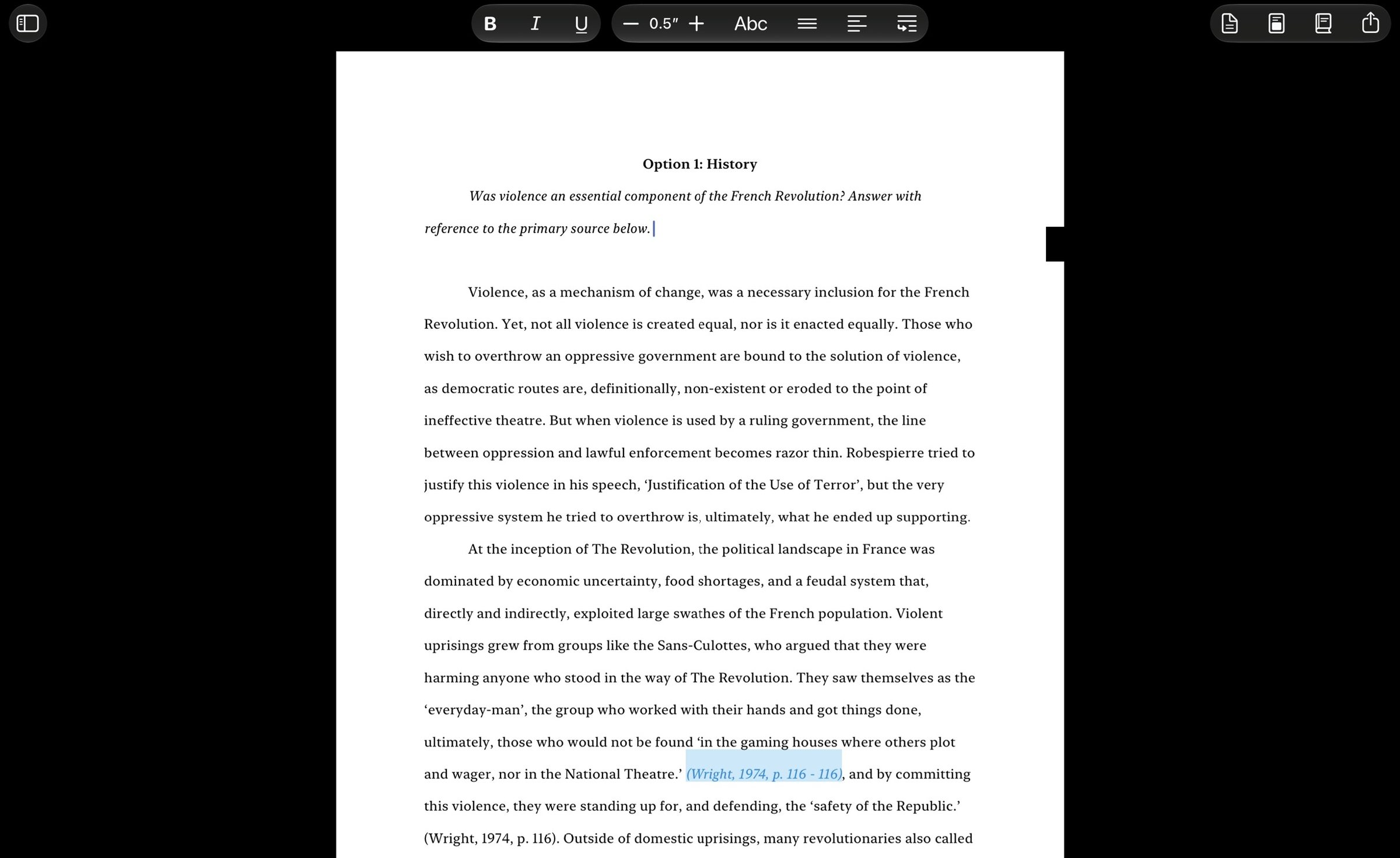 An essay open in EssayKraft on iPad, with a highlighted inline citation on the page