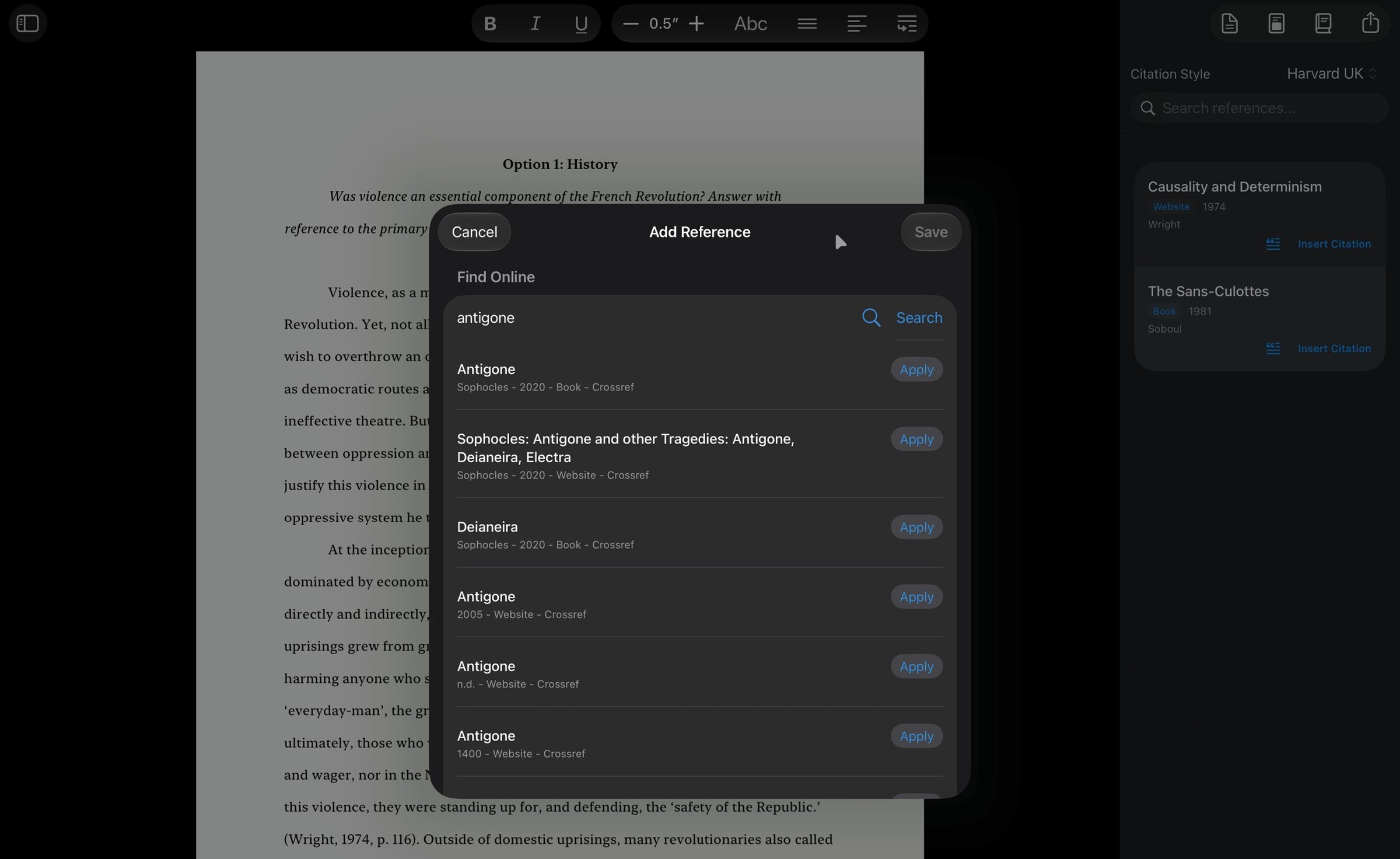 EssayKraft’s Find Online search showing results for Antigone, with saved references in the sidebar